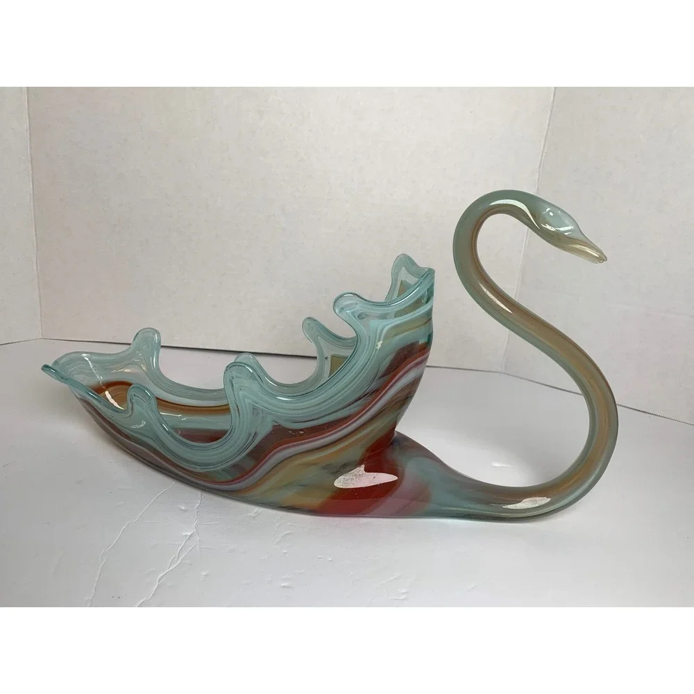 Vintage Hand Blown Art Glass‎ Swan Bowl Multi Color Slag Glass Centerpiece 13